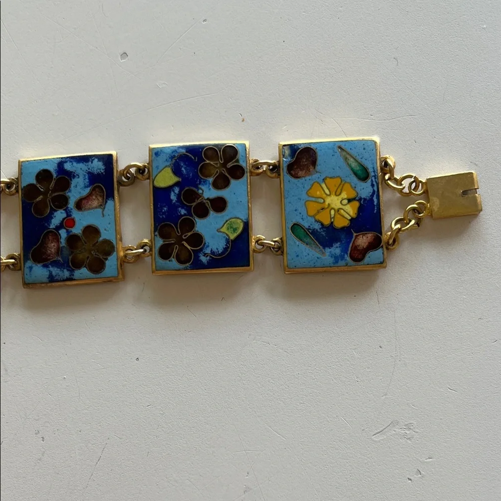 Vintage panel enamel cloisonné turquoise blue gold bracelet - Picture 12 of 17